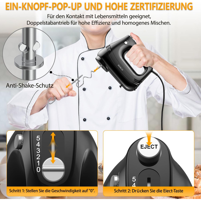 Електричний ручний міксер 300W з нержавіючої сталі, вінчики та гаки для тіста, 5 швидкостей, Turbo Boost, для випічки, тортів, яєць, збивання, чорний