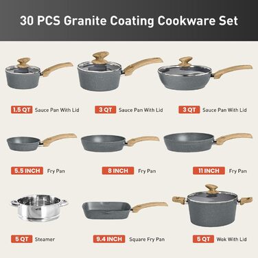 Набір посуду Kitchen Academy 30 предметів з антипригарним покриттям, індукційний, гранітний (сірий)