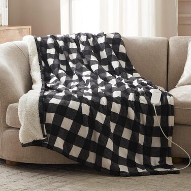 Електрична ковдра з підігрівом 130x180 см з таймером та захистом від перегріву. 9 рівнів нагріву, функція пам'яті. Для спальні, офісу. Чорно-білий візерунок.