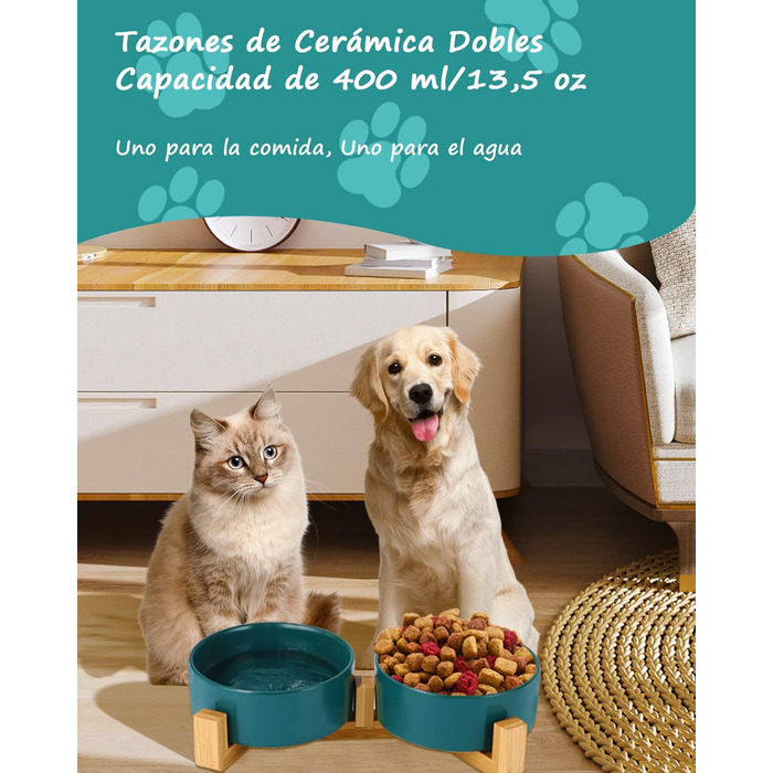 Миска для корму для собак та котів з кераміки з бамбуковим підставкою та антиковзним килимком (400 мл, 2 шт. - зелений)