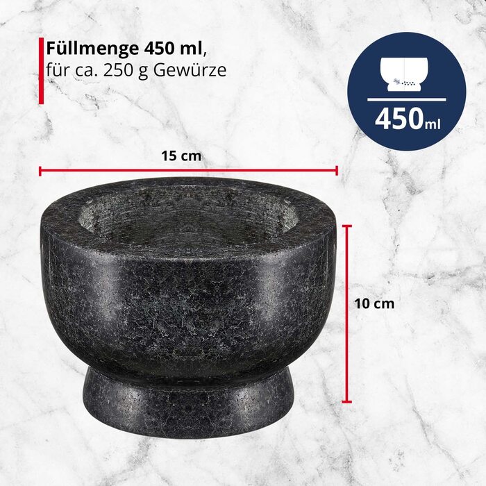 Гранітний ступка з толуштою Meisterkoch XXL для спецій, 3,5 кг, 15 см Ø, 450 мл, чорний колір