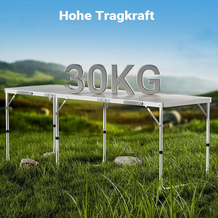 Складаний туристичний стіл 180x60x70 см з регулюванням висоти, алюмінієвий каркас, стільниця МДФ, багатофункціональний, для кемпінгу, саду, дачі