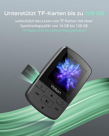 MP3-плеєр YOTON з Bluetooth 5.2, Hi-Fi звук, FM-радіо, диктофон, регулятор гучності, навушники, підтримка SD до 128 ГБ (Чорний)