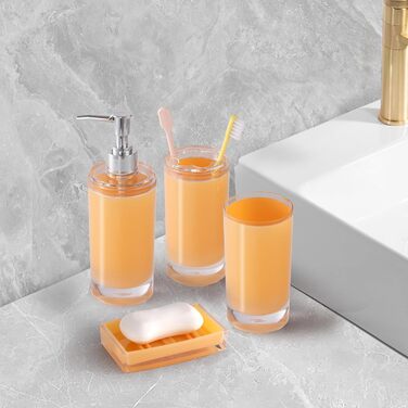 Acrylic Bathroom Accessories Set, Lotion/Soap Dispenser, Soap Dish, Toothbrush Holder, Tumbler, Toilet Brush and Holder, Modern Bathroom Decor and Housewarming Gift Set, Orange, 5-Piece