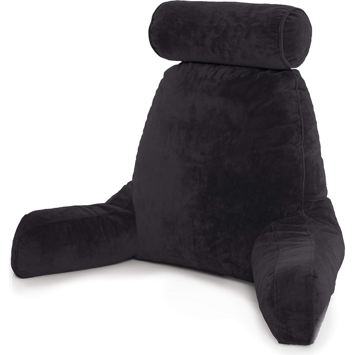 Подушка для чоловіків з підлокітниками - велика, для читання та відпочинку в ліжку. Висока спинка, преміум піна з пам'яті, знімна подушка для шиї на еластичному шнурі. Чорний колір, лише чохол.