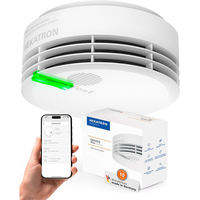 Hekatron Genius Plus – Smoke Detector 10-Year Battery – Stiftung Warentest Test Winner – made in Germany – incl. 1x adhesive pad – App-supported – Fire Alarm – multilingual – 1 piece