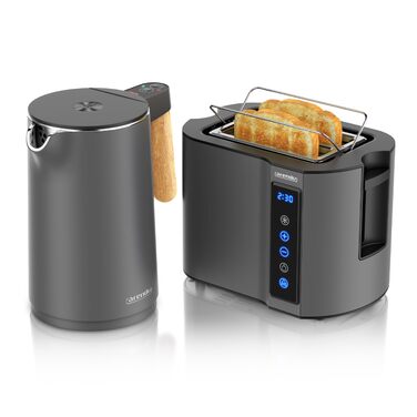 Набір Arendo: Електричний чайник з регулюванням температури та тостер з сенсорним дисплеєм (2 слоти) - нержавіюча сталь, сірий