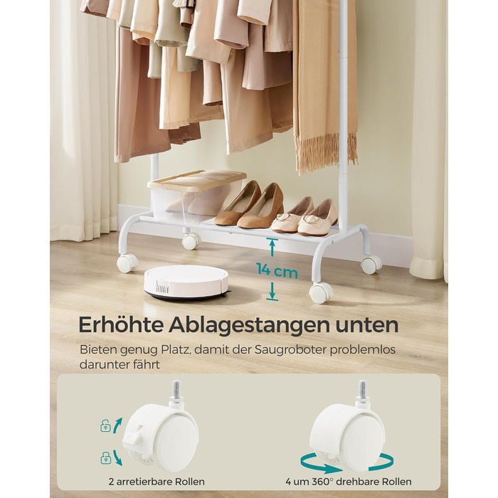 SONGMICS Clothes Rack with Wheels, Extendable Clothes Rod, Clothes Rail from Steel Pipes, Elevated Storage Rod, 40 x (83-120) x 156 cm, Cloud White HSR134W01