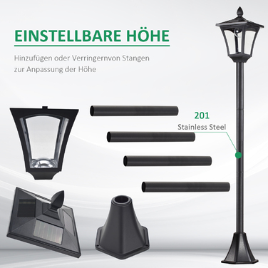 Outsunny Solar Garden Lantern Pathway Light with LED 40 Lumens Black 18 x 18 x 160cm | Aosom