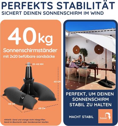Base umbrella stand with fillable sandbags as weights (30 to 50 kg), for umbrella diameters up to 3.3 m, manufactured in Denmark from recycled material