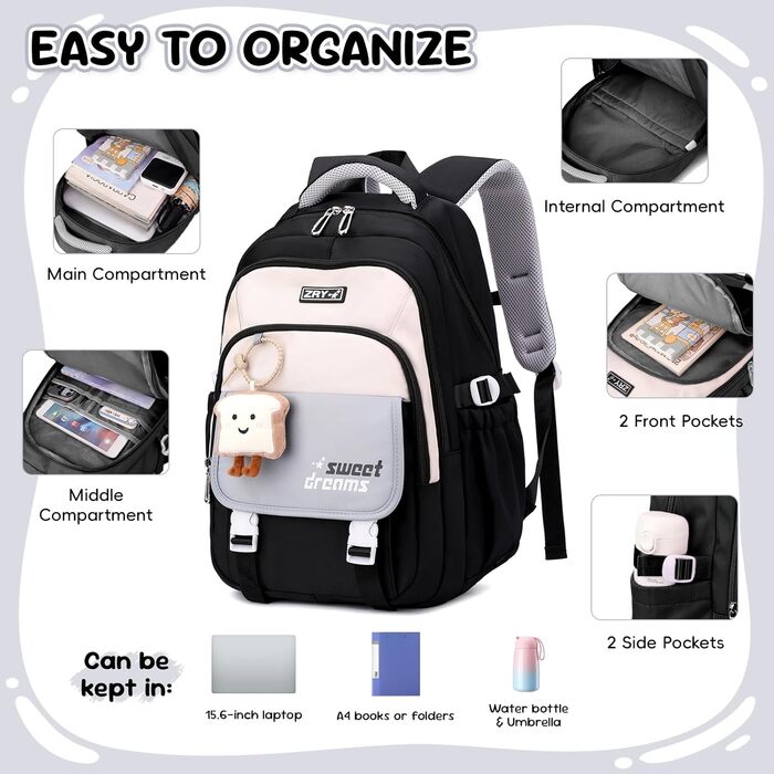 Шкільний рюкзак для дівчаток (3-7 клас), 36L, з сумкою через плече, чорний