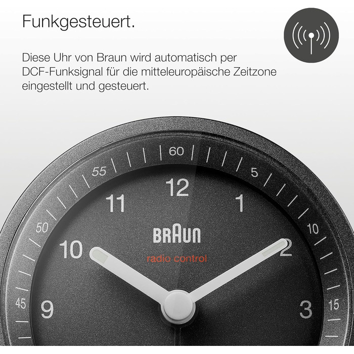 Classic analog radio alarm clock by Braun for the Central European Time Zone (CET/GMT+1) with snooze function and light, quiet movement, crescendo alarm in black, model BC07B-DCF