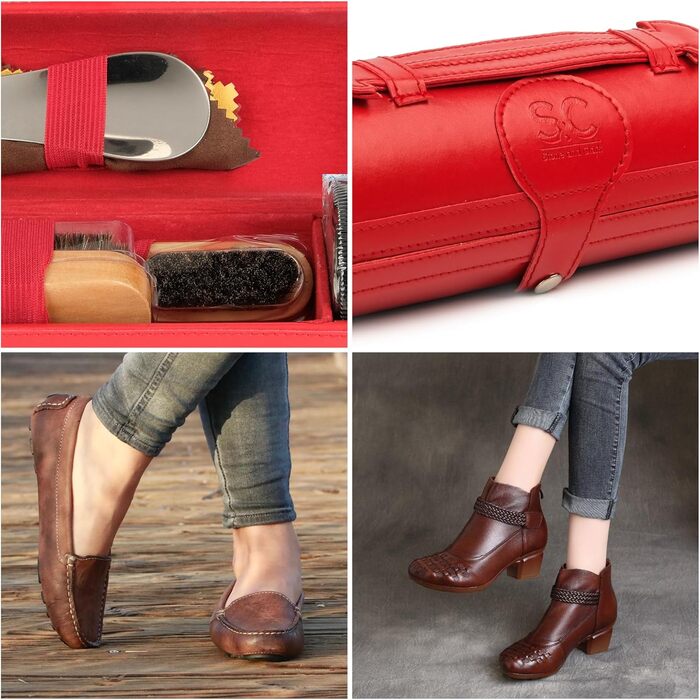 Stone & Clark 12-Piece Shoe Cream & Leather Care Set with Brown Wax, Shoe Brushes for Polishing, Compact Shoe Shine Kit with Horsehair Brushes & PU (Case: Hot Red)