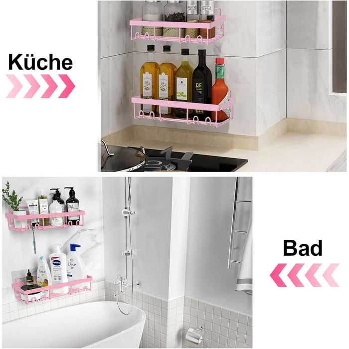 WwuHua Shower Shelf No Drilling, 2 Pack Shower Shelf, Shower Shelf for Hanging with 4 Hooks, Shampoo Holder for Shower, Bathroom Organizer for Shampoo and Shower Gel, Pink