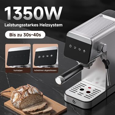 AMZCHEF Siebträgermaschine 20 Bar with LED Display Home 2-in-1 Espresso Machine with 1.2L Detachable Tank for Home Gifts, Compact Stainless Steel Latte Machine, 1350W