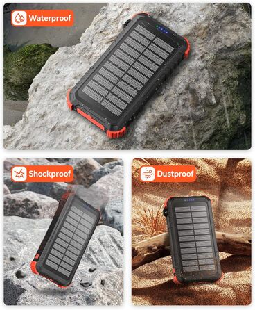 Сонячний Power Bank 26800mAh з PD15W, USB-C, 5 виходів, 3 входи, водонепроникний, з 3 кабелями, 2 ліхтариками та карабіном для кемпінгу, оранжевий