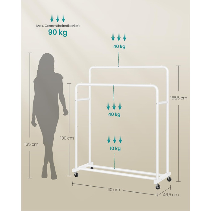 SONGMICS Вішалка для одягу на коліщатках, гардеробний стійка, білий матовий, 2 стійки, до 50 кг, 38 x 110 x 141,5 см, HSR016BH01