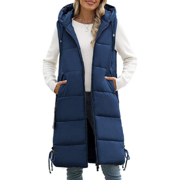 Жіноча довга стьобана жилетка Vancavoo з капюшоном, тепла зимова жилетка, довга жилетка (Морська синя, S)
