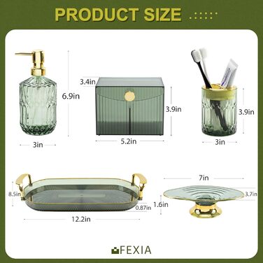 Набір аксесуарів для ванної кімнати FEXIA (5 шт.) - зелений декор у стилі бохо, органайзер для зубних щіток, дозатор мила, лосьйону