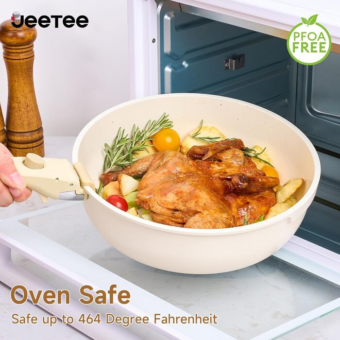 JEETEE Cookware Set, 4-Piece, 20/28 cm Frying Pan, With Detachable Handle, Granit Ceramic Non-Stick Cookware Set, Stackable Induction Pots Set, Suitable for All Cooktops, Oven Safe