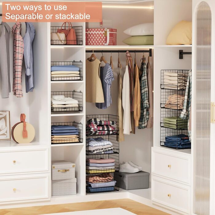 4-Tier Stackable Closet Organizer and Storage Shelves, Clothes Rack, Organizer, Basket Bins, Foldable Sweater Storage for Closet Organizer System, Black (patent pending)