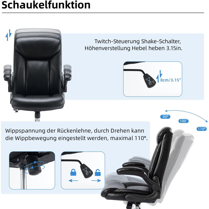 Ергономічне крісло для офісу, ігрове, з підлокітниками, регульоване по висоті, з PU шкіри (Чорний)