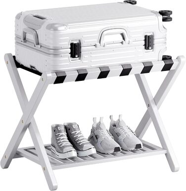 SMIBUY Luggage Rack, Folding Bamboo Suitcase Stand with Storage Shelves for Guest Room, Bedroom, Hotel, Heavy Duty (White)