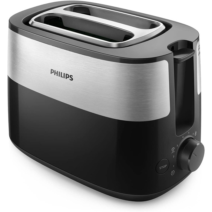 Philips Toaster – 2 Toast Slots, 8 Levels, Bun Tray, Defrost Function, Automatic Shut-off, Black/Silver (HD2516/90) Single
