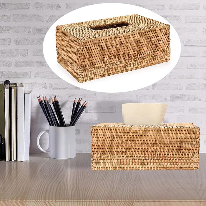 BSTKEY Rectangular Rattan Woven Paper Cover, Decorative Tissue Holder, Napkin Dispenser, Organizer, Face Towel Box for Home and Office