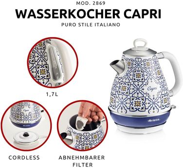 Ariete Vintage Electric Kettle 2869 - 1.7L Stainless Steel Retro Kettle with Water Level Indicator, Cordless 360° Base, Auto Shut-Off, Tea Infuser, Blue & White