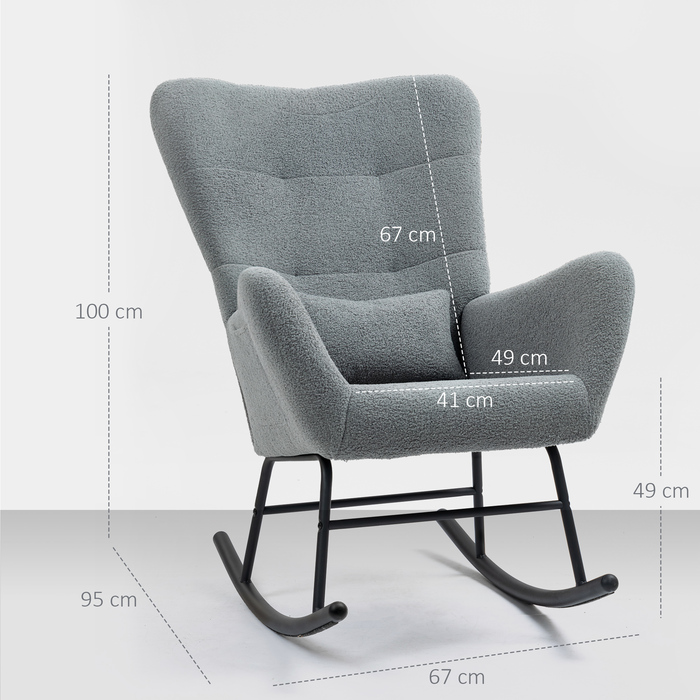 HOMCOM Rocking Chair, Rocking Armchair with Teddy Fabric Look, Armrests, Still Chair with Wooden Skids, Lumbar Pillow, Relax Chair with Side Pocket for Living Room, Bedroom, Grey | Aosom