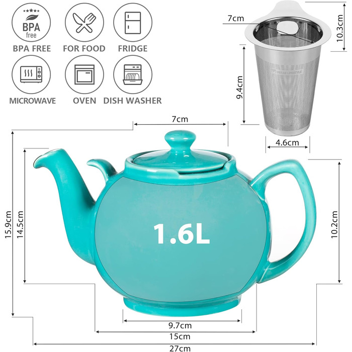 Керамічний чайник Urban Lifestyle LIVERPOOL з ситом із нержавіючої сталі, 1.1 л, бірюзовий