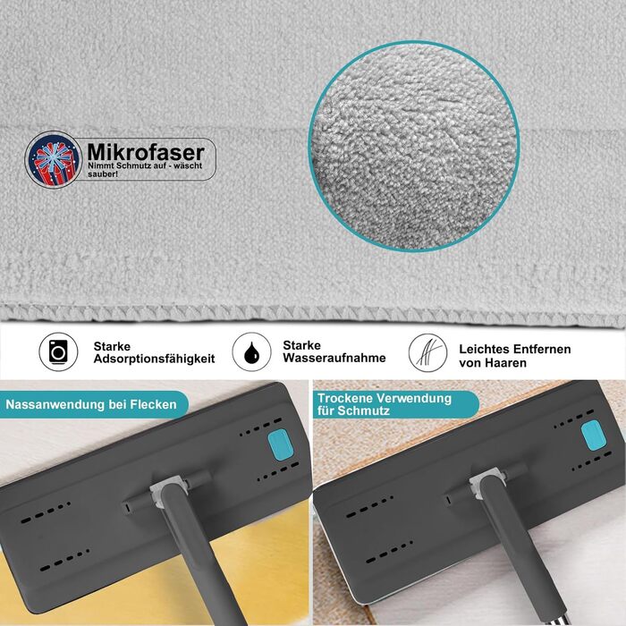 Набір для миття підлоги з відром, Masthome, компактний, з віджимом, 3 мікрофібрових насадок, нержавіюча сталь, 2 в 1, для дерев'яних, плиткових та мармурових підлог (сірий+блакитний, 3.7л)