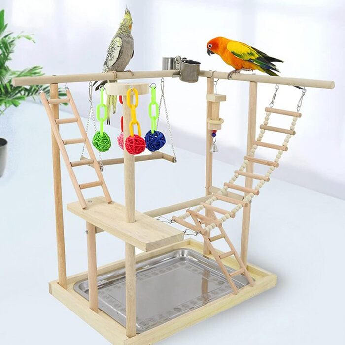 Bird Playground, parakeet toys, bird play stand, bird gym, bird accessories, climbing frame ladder, running cage with feeder cups, tray, swing for budgies, canaries, parakeets, and other birds (#6)