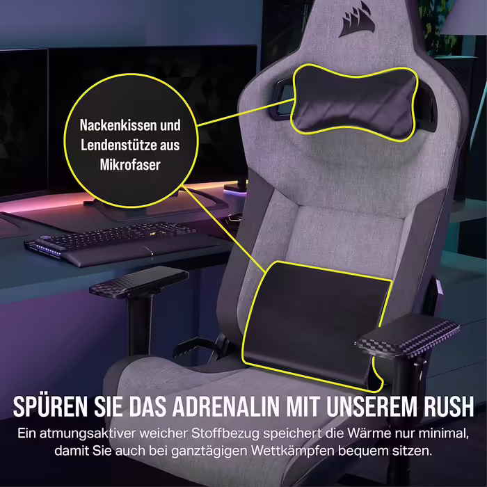 Ігрове крісло Corsair T3 RUSH Fabric 2023, автомобільний стиль, тканинне покриття, подушка для шиї, ортопедична підтримка попереку, сіре та антрацитове