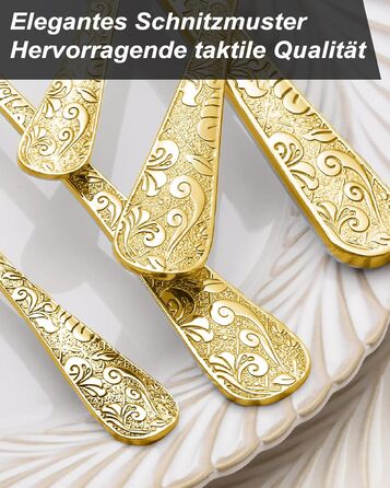 Набір столових приборів 24 предмети в золотистому вінтажному стилі для 6 осіб, нержавіюча сталь, з гравіюванням, високоякісне полірування