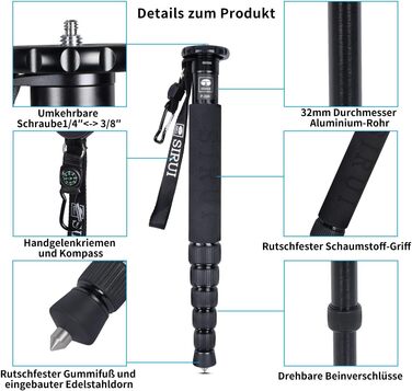 Штатив-монопод SIRUI P-306 для камери: легкий, компактний, алюміній, 6 секцій, до 155 см, 8 кг
