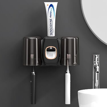 Настінний тримач для зубних щіток з автоматичним дозатором пасти, електричний для 4 щіток, 2 стаканчики, без свердління (чорний)