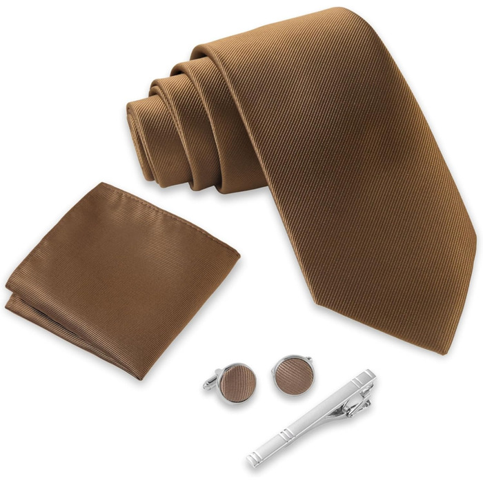Набір краваток Massi Morino для чоловіків з нагрудним хустинкою, краватковою голкою та манжетними кнопками, подарункова коробка. Ідеально для весілля. Розмір універсальний, колір: коричневий