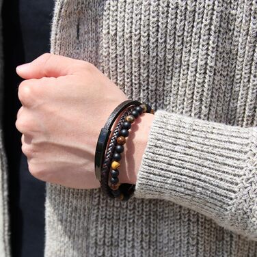 Чоловічий шкіряний браслет з тигровим оком та лавовим каменем | Ручна робота, гравірування, регульований магнітний замок | Чорно-коричнево-синьо-срібний, з подарунковою коробкою