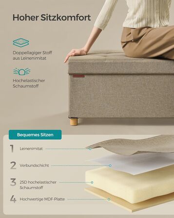 Складаний пуф SONGMICS з ніжками та місцем для зберігання, 38x110x40 см, верблюжий, до 300 кг, для вітальні, спальні, передпокою