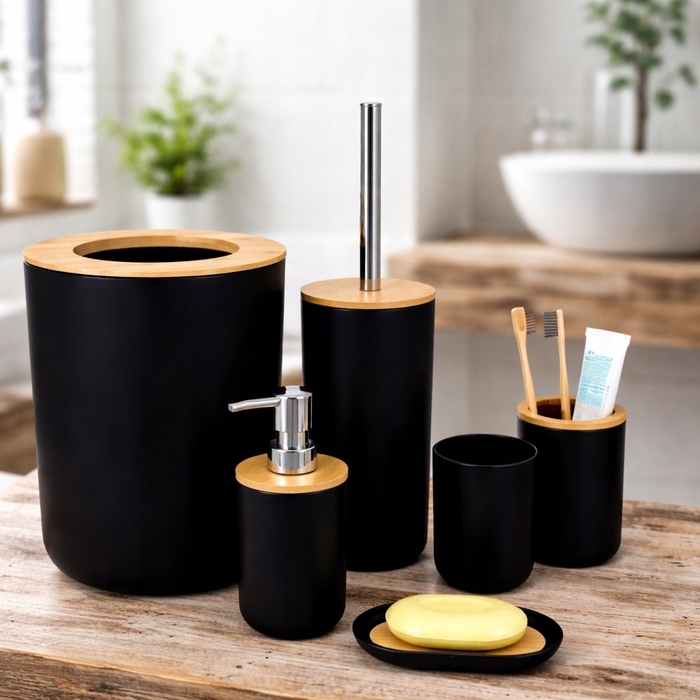 Набір аксесуарів для ванної кімнати (6 предметів): кошик, йоржик для туалету, підставка для зубних щіток та стакан