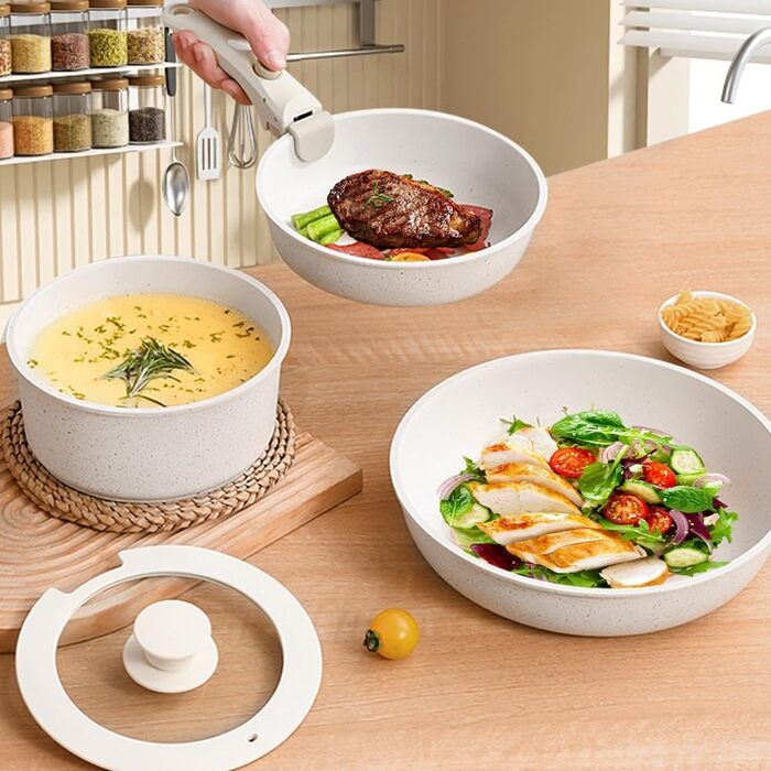 Набір каструль та сковорідок 5 шт. з знімним ручками, антипригарне покриття, підходить для індукційних плит, духовки та всіх типів плит