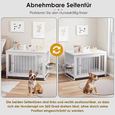 Клітка для собак для дому, дерев'яна собача будка 93x64x58 см, біла. Знімний піддон, 2 годівниці, двері. Для собак середніх та маленьких порід до 40 кг