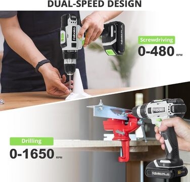 Faboka 21V акумуляторний шуруповерт, комплект з 2 акумуляторами 2.0Ah, 40Nm, 18+1 ступенів, 10мм патрон, регулювання швидкості, LED-підсвічування, для ремонту та DIY