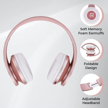 Бездротові навушники PowerLocus Over-Ear з Bluetooth, мікрофоном, складні конструкції, м'які амбушюри, Hi-Fi стерео звук, бас, для дітей/дорослих/TV/PC/Home Office, рожеве золото