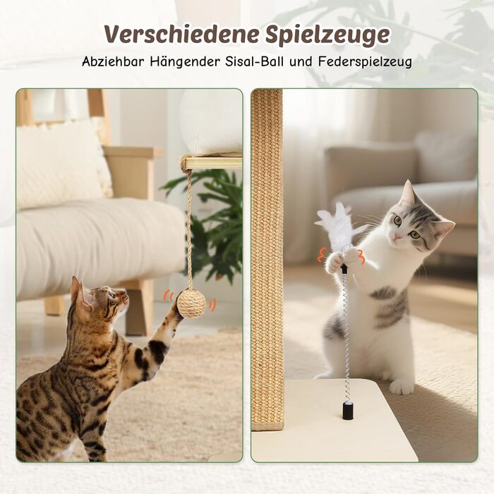 Котячий будиночок з дряпалкою Luxus: широка колона з берези, міцний, до 25 кг, сизаль, велике ліжко з подушкою з органічної льону, легко збирається, бежевий колір