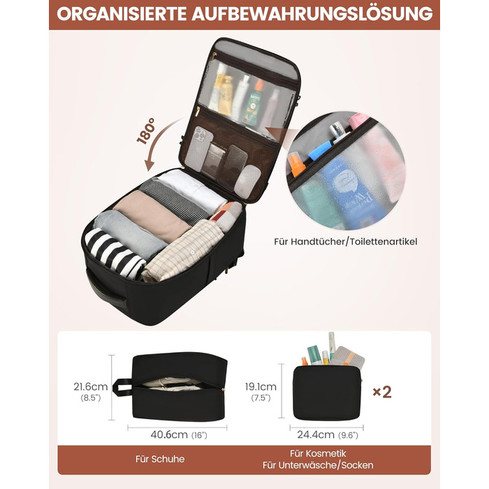 LOVEVOOK Рюкзак ручної об'єм 40L, 45x33x20cm: Рюкзак для подорожей та бізнесу, розширюваний, ручна поклажа, чорний