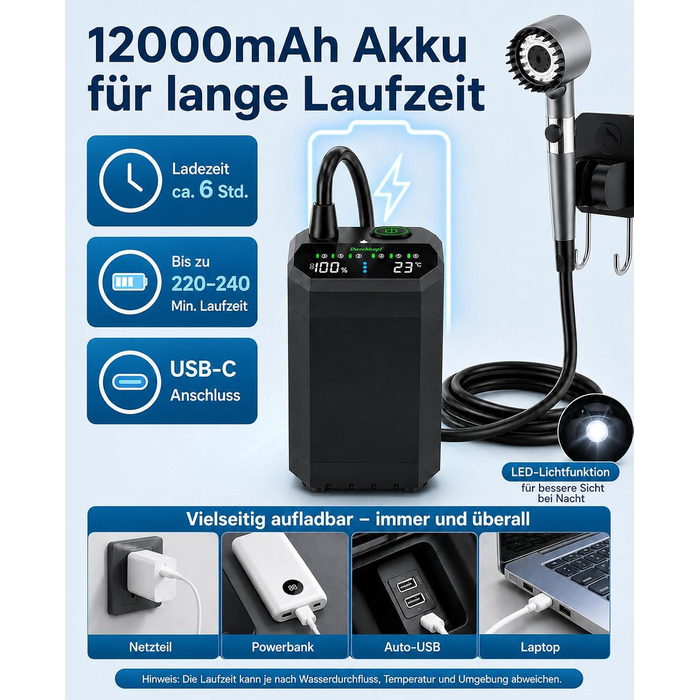 Портативний кемпінговий душ LANMOU з насосом та акумулятором 12000mAh, водонепроникний IPX8 для подорожей, кемпінгу та Vanlife