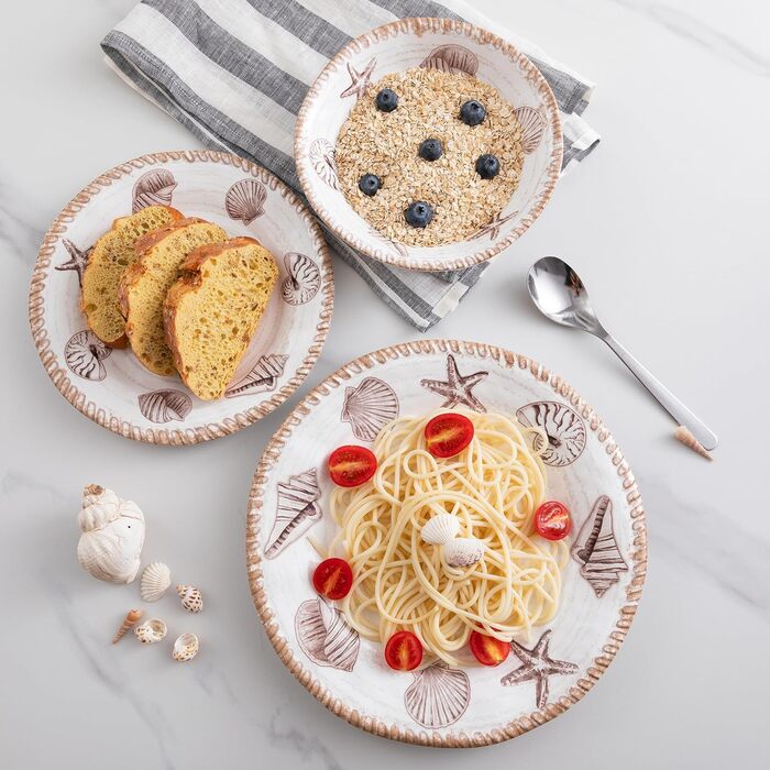 Набір посуду з меламіну, 12 предметів: тарілки та миски для 4 осіб, неб'ючий посуд, ідеально для кемпінгу, RV, BPA-free, придатний для миття в посудомийній машині (Antikes Ozean)